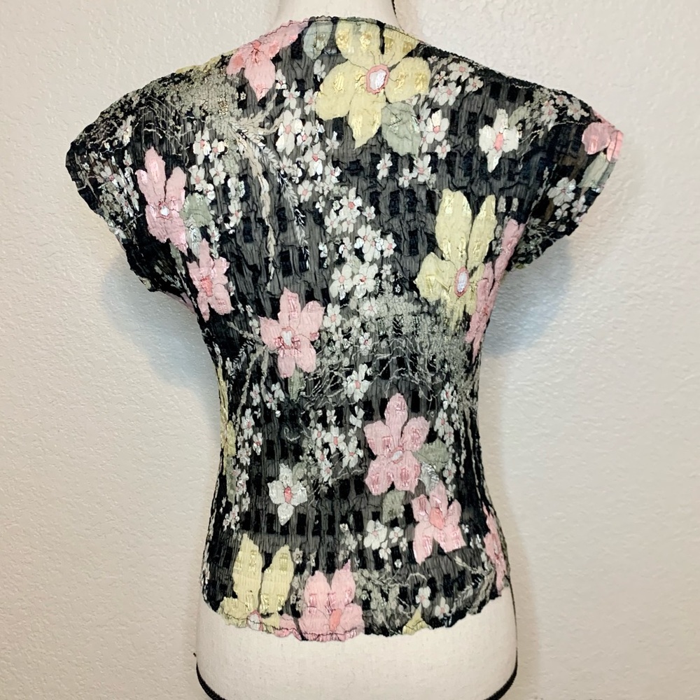 Alberto Makali Floral Semi-Sheer Top Short Sleeves Sequins Details Black Medium - Picture 8 of 14